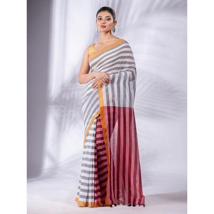 CHARUKRITI White and Red Stripes Pure Cotton Handwoven Soft Saree with Unstitched Blouse