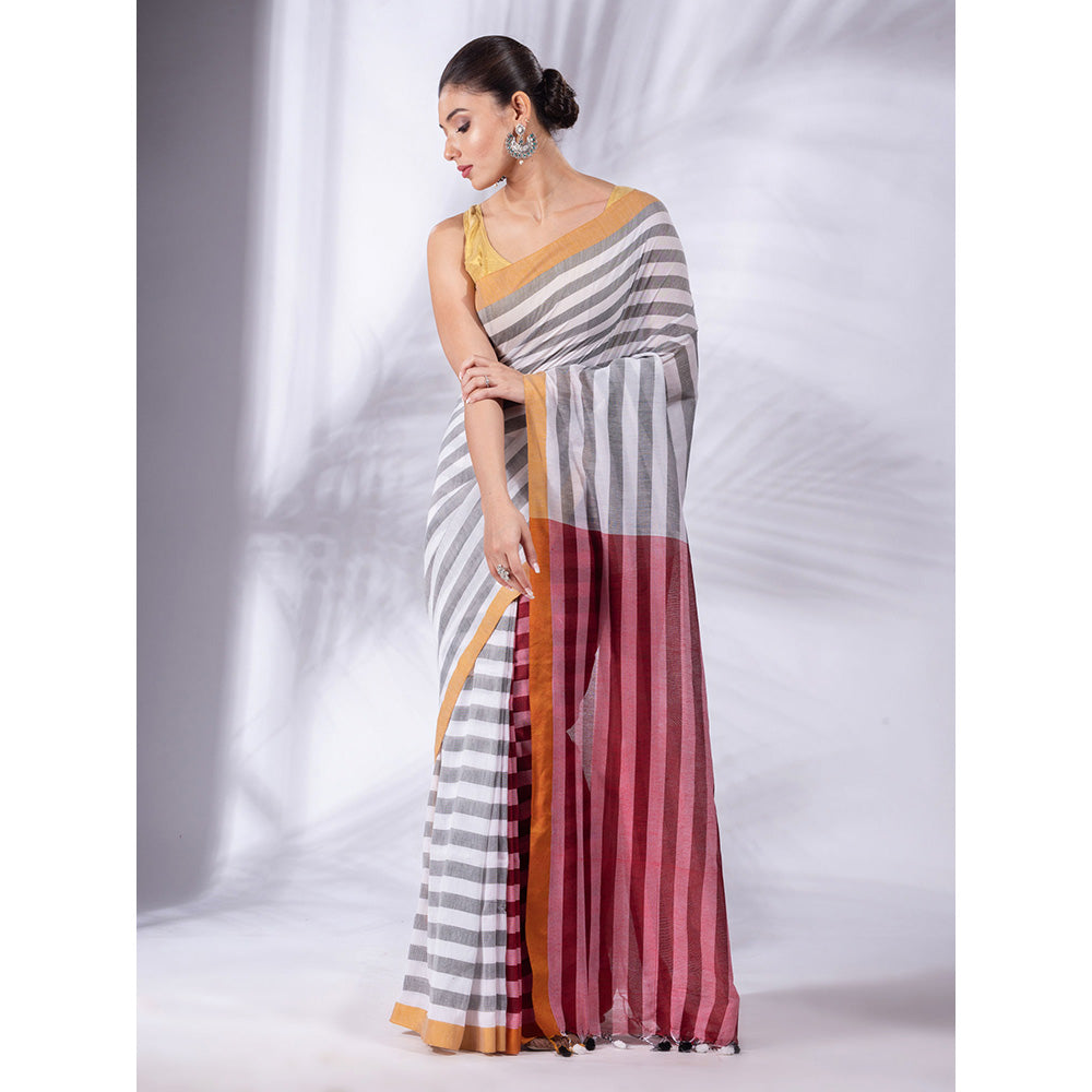 CHARUKRITI White and Red Stripes Pure Cotton Handwoven Soft Saree with Unstitched Blouse