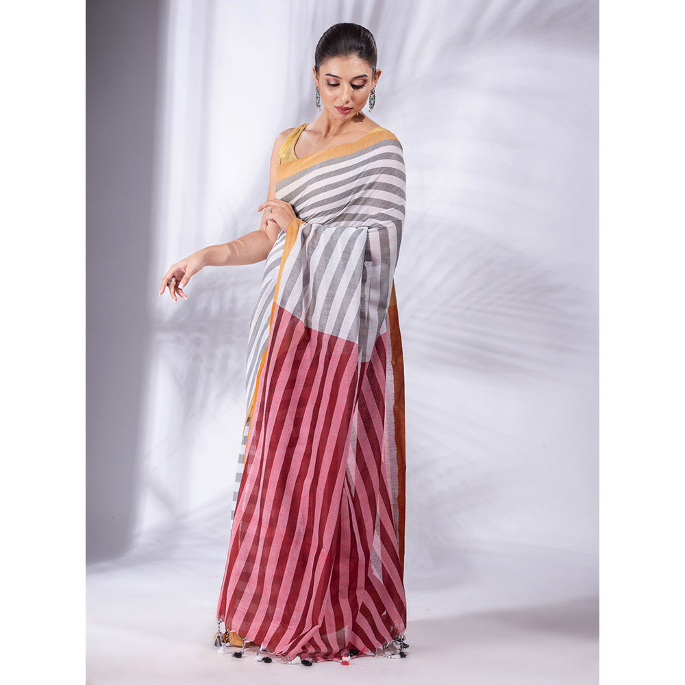 CHARUKRITI White and Red Stripes Pure Cotton Handwoven Soft Saree with Unstitched Blouse