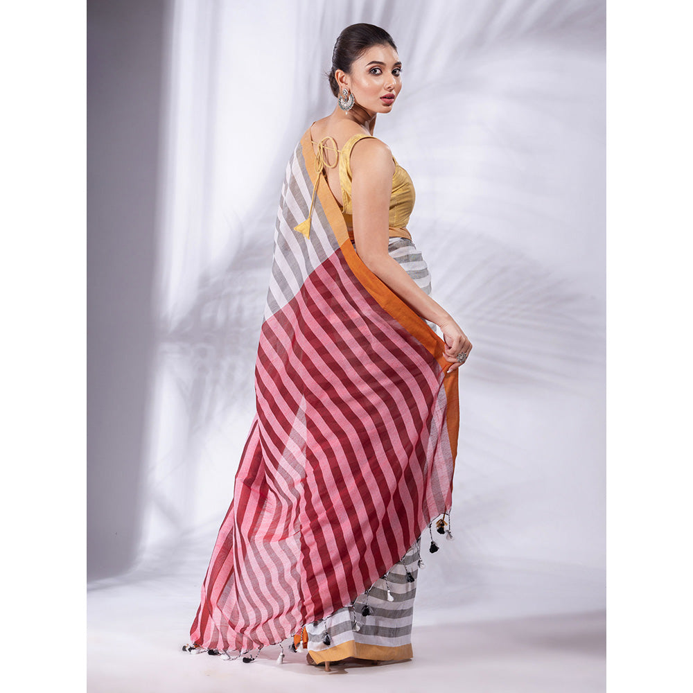 CHARUKRITI White and Red Stripes Pure Cotton Handwoven Soft Saree with Unstitched Blouse