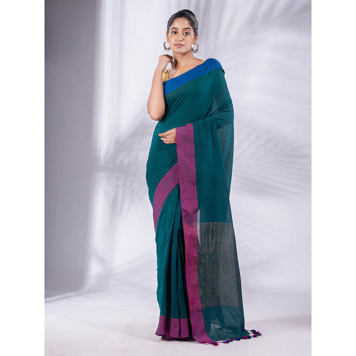 CHARUKRITI Teal Pure Cotton Handwoven Soft Saree & Zari Pallu with Unstitched Blouse