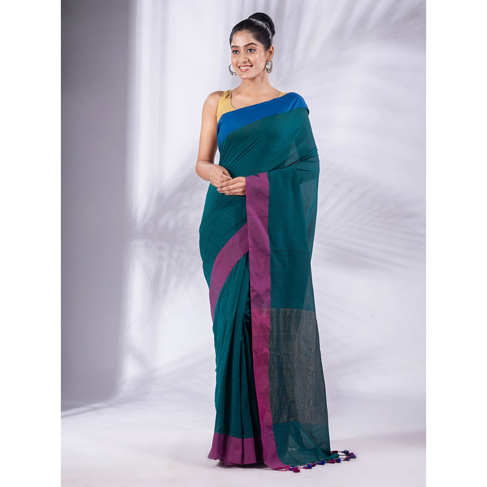 CHARUKRITI Teal Pure Cotton Handwoven Soft Saree & Zari Pallu with Unstitched Blouse