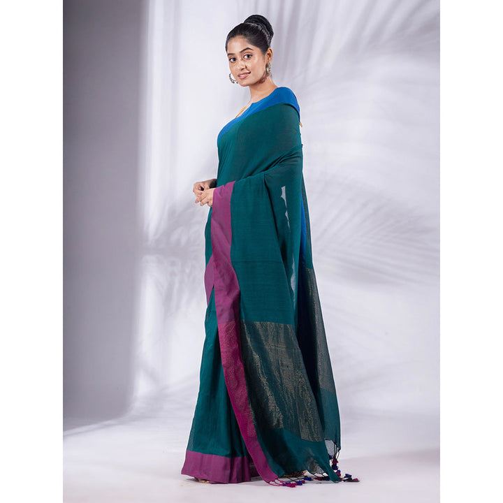 CHARUKRITI Teal Pure Cotton Handwoven Soft Saree & Zari Pallu with Unstitched Blouse