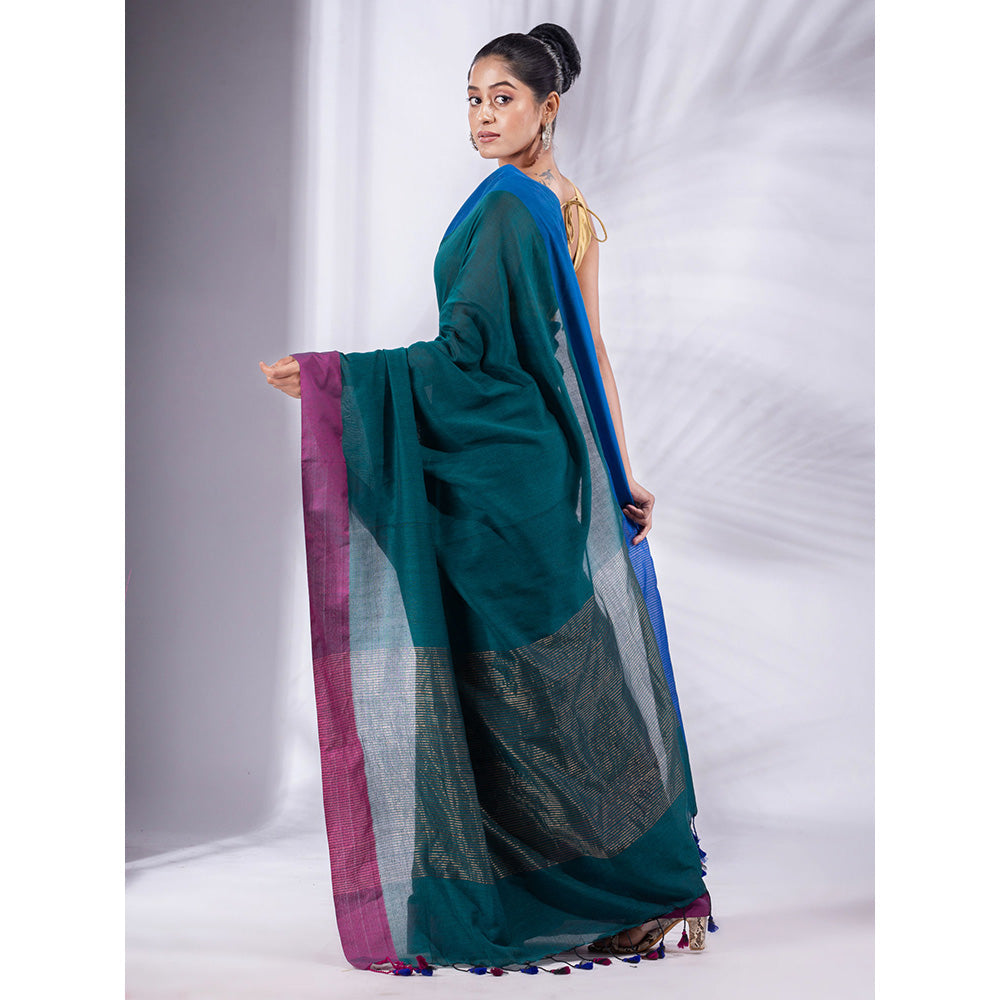 CHARUKRITI Teal Pure Cotton Handwoven Soft Saree & Zari Pallu with Unstitched Blouse