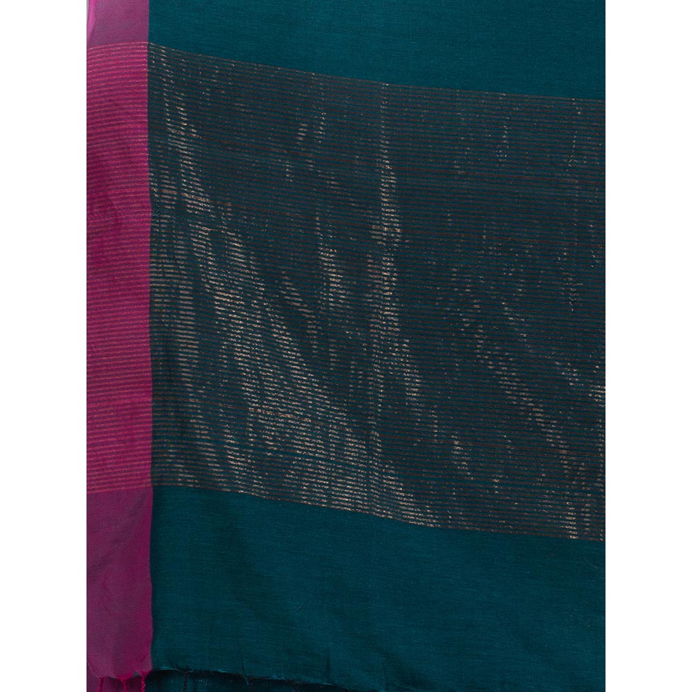 CHARUKRITI Teal Pure Cotton Handwoven Soft Saree & Zari Pallu with Unstitched Blouse