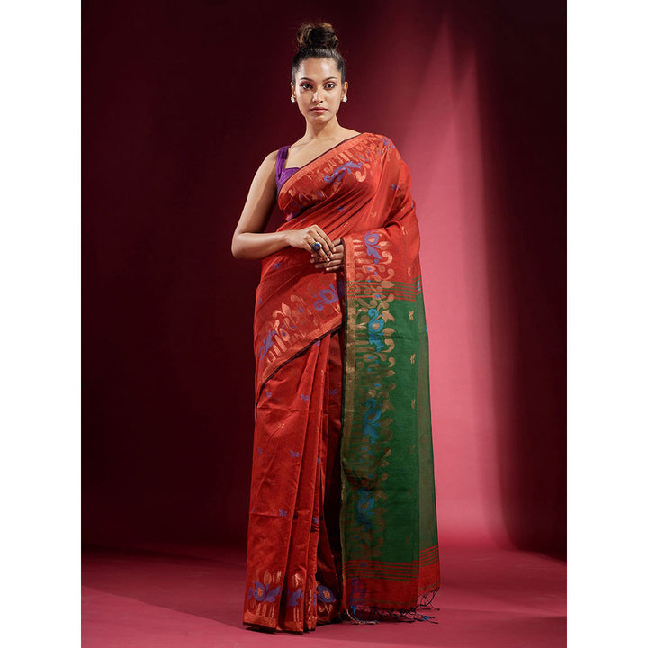 CHARUKRITI Brick Red with Zari Ethnic Pattern Saree with Unstitched Blouse