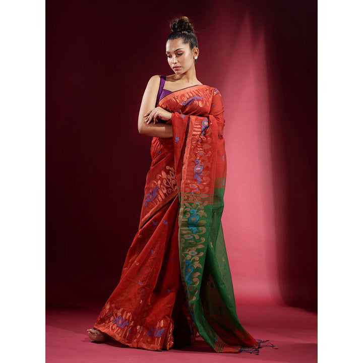 CHARUKRITI Brick Red with Zari Ethnic Pattern Saree with Unstitched Blouse