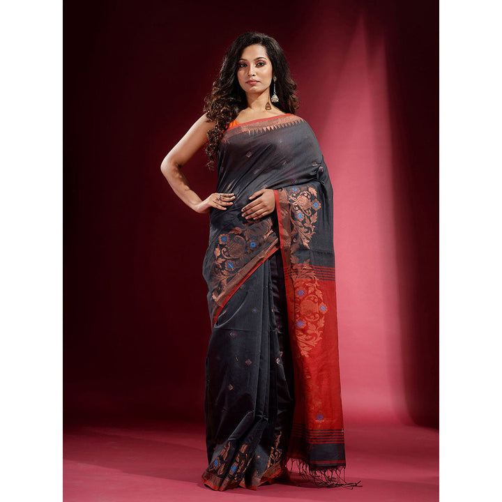 CHARUKRITI Dark Grey with Zari Design and Contrast Pallu Saree with Unstitched Blouse