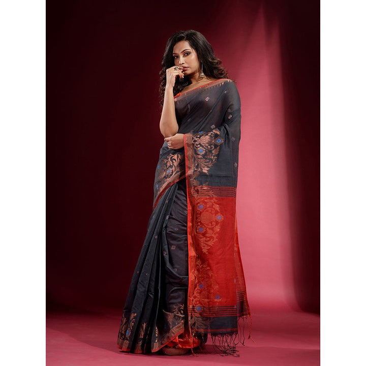 CHARUKRITI Dark Grey with Zari Design and Contrast Pallu Saree with Unstitched Blouse