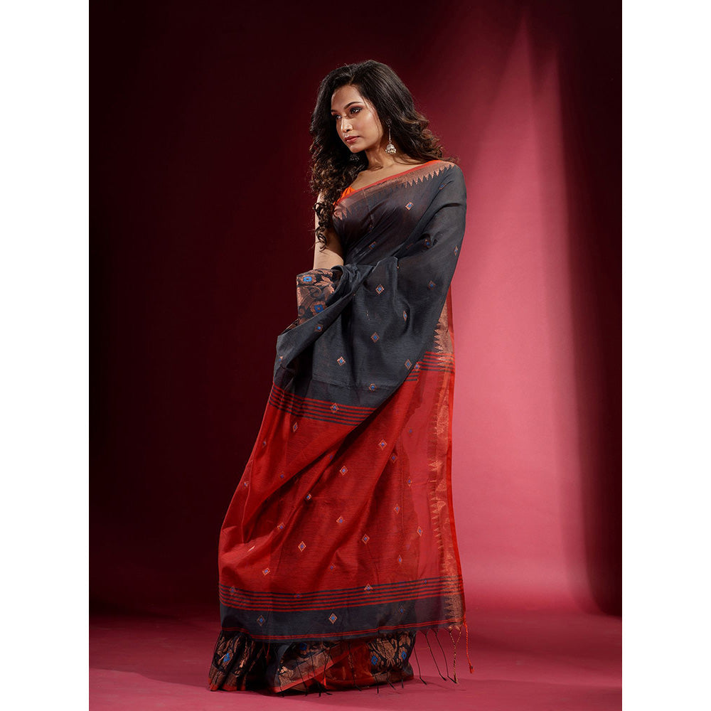 CHARUKRITI Dark Grey with Zari Design and Contrast Pallu Saree with Unstitched Blouse