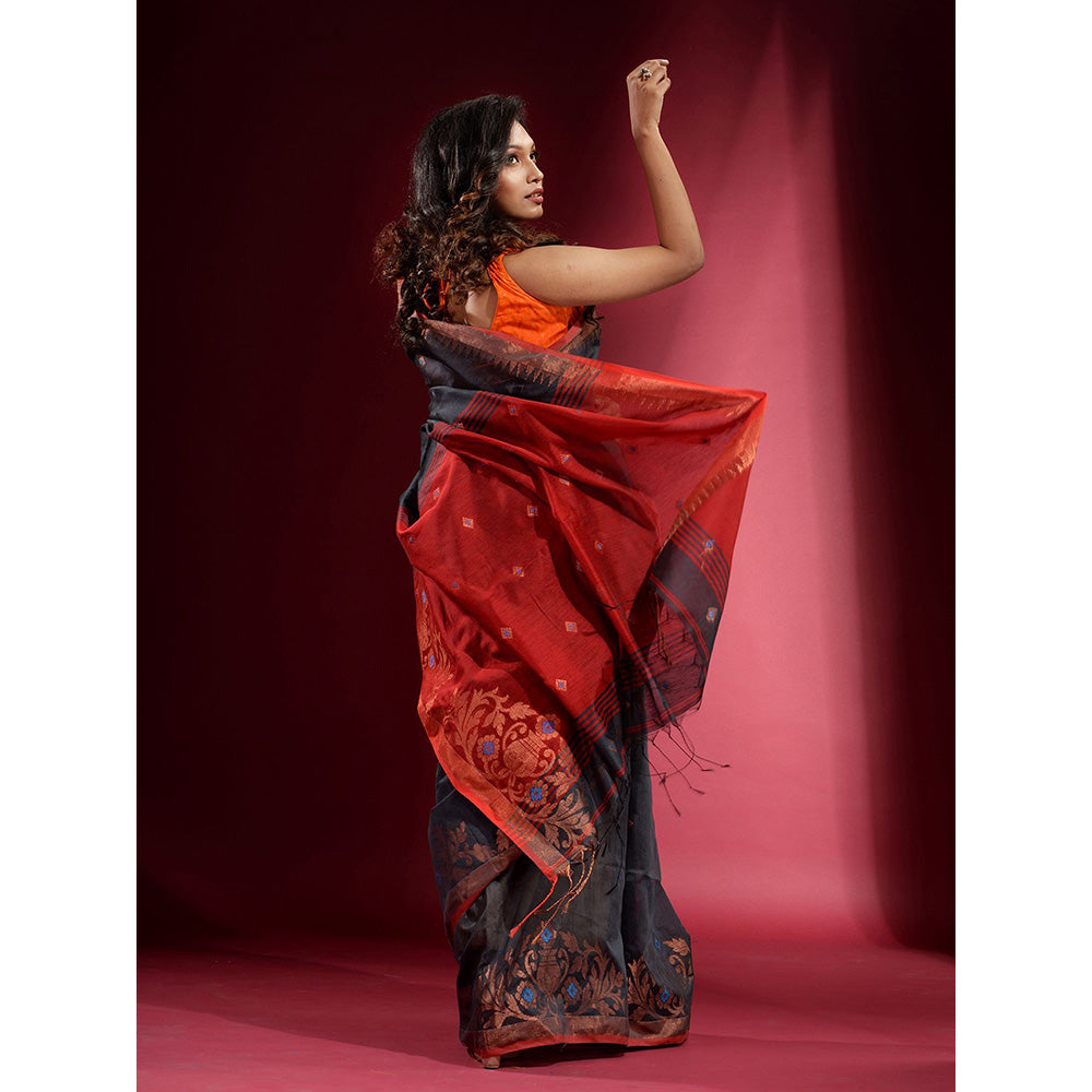 CHARUKRITI Dark Grey with Zari Design and Contrast Pallu Saree with Unstitched Blouse