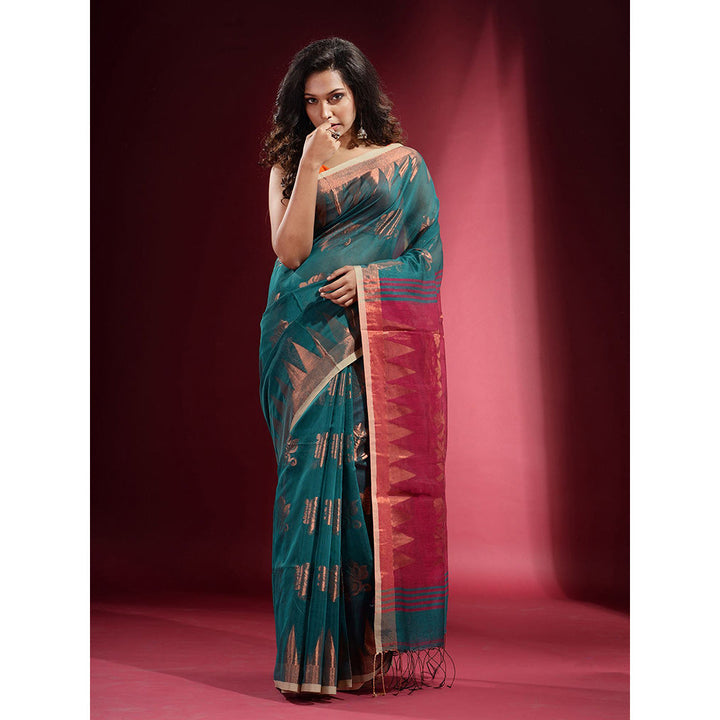 CHARUKRITI Teal with Zari Floral Design and Temple Border Saree with Unstitched Blouse