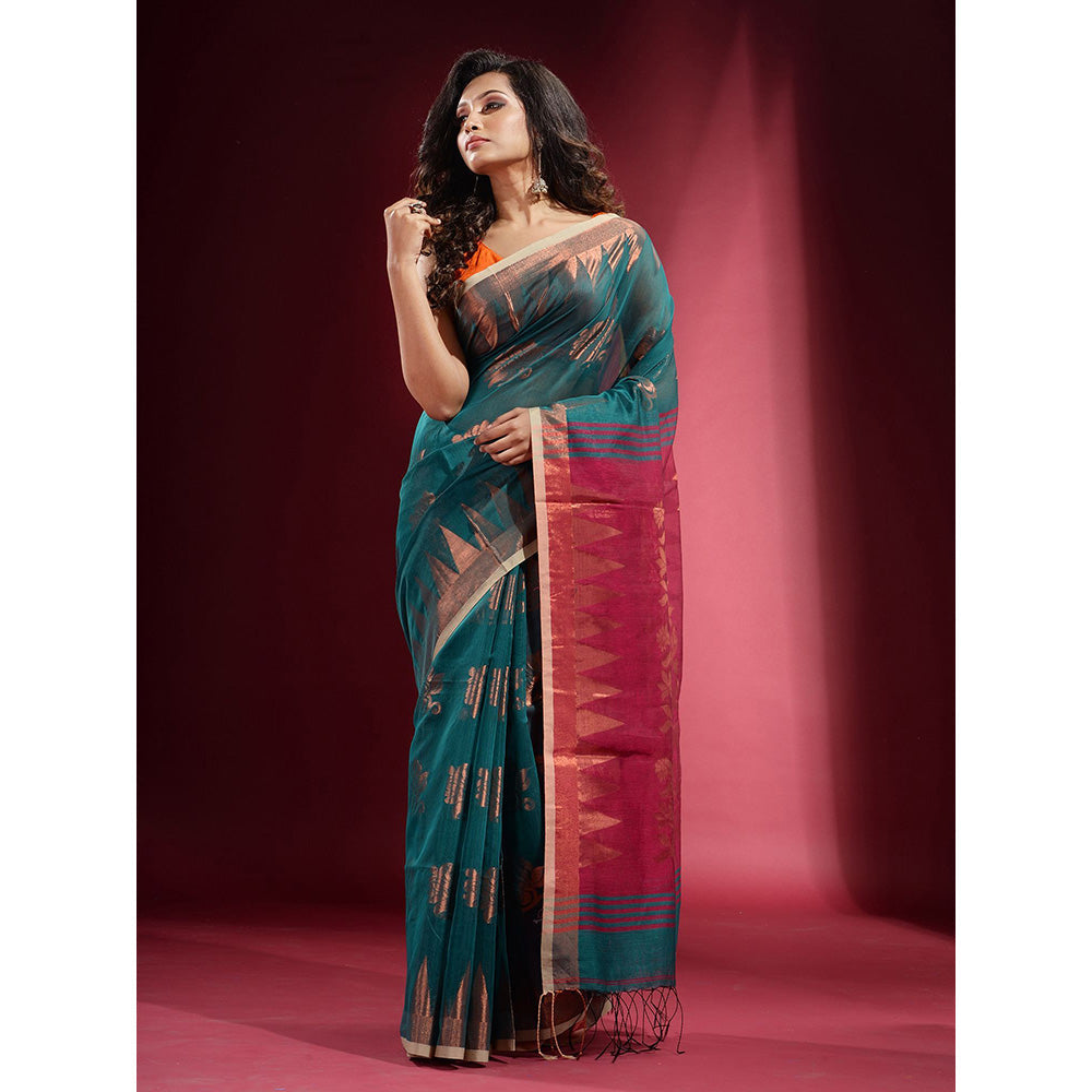 CHARUKRITI Teal with Zari Floral Design and Temple Border Saree with Unstitched Blouse