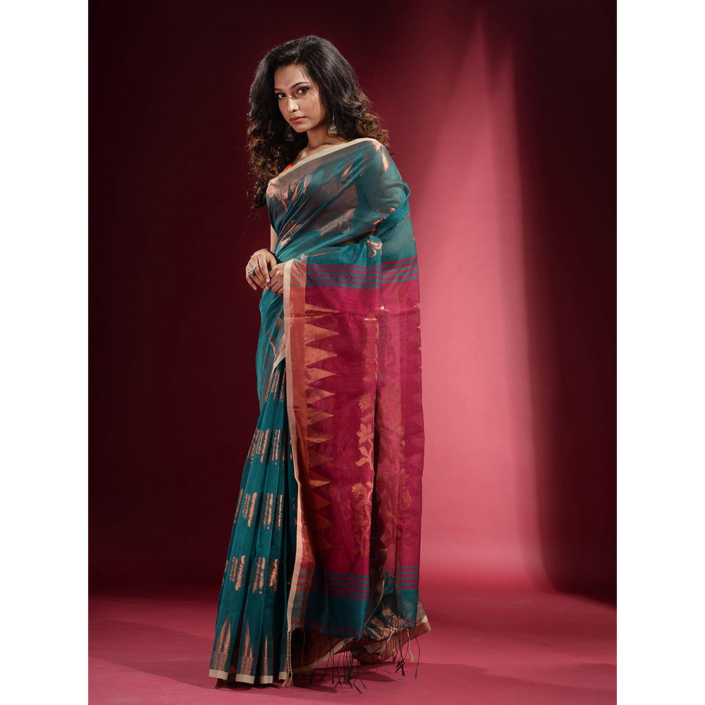 CHARUKRITI Teal with Zari Floral Design and Temple Border Saree with Unstitched Blouse