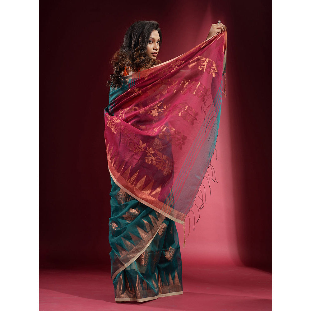 CHARUKRITI Teal with Zari Floral Design and Temple Border Saree with Unstitched Blouse