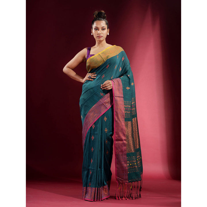 CHARUKRITI Teal Dual Border and Zari Design Saree with Unstitched Blouse