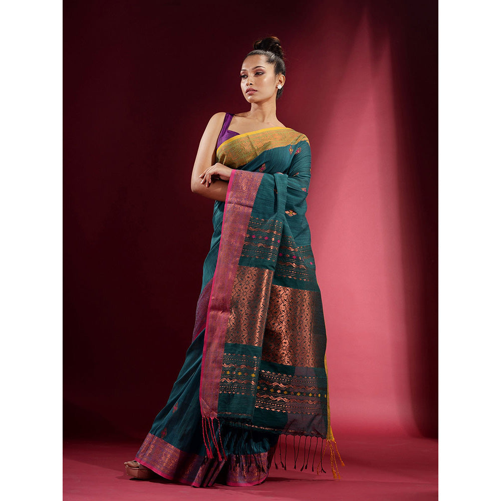 CHARUKRITI Teal Dual Border and Zari Design Saree with Unstitched Blouse