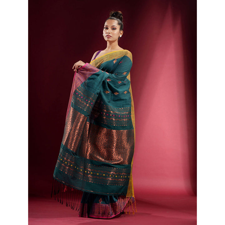 CHARUKRITI Teal Dual Border and Zari Design Saree with Unstitched Blouse