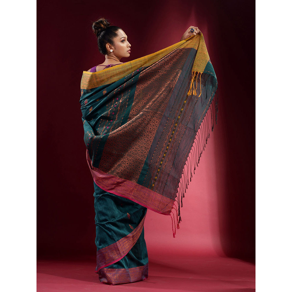 CHARUKRITI Teal Dual Border and Zari Design Saree with Unstitched Blouse