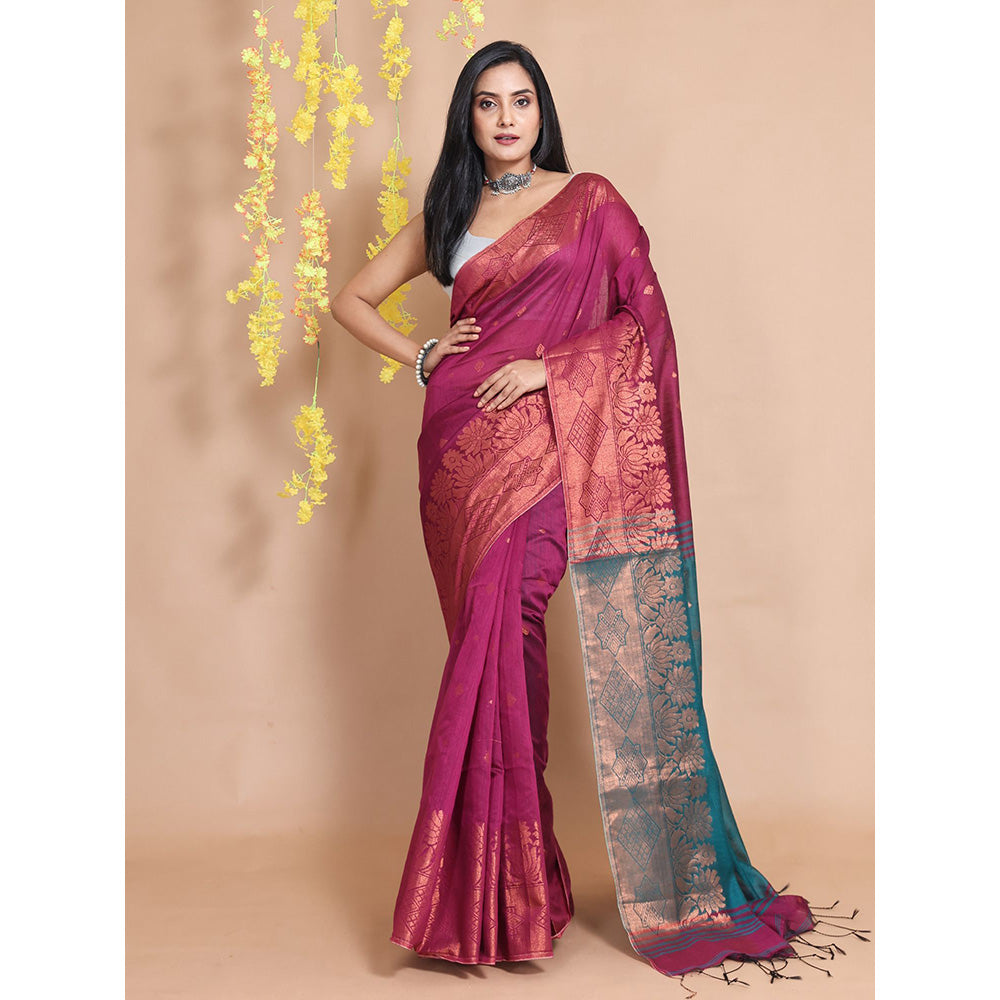 CHARUKRITI Magenta Cotton Blend Handwoven Zari Motifs & Floral Borders Saree with Unstitched Blouse