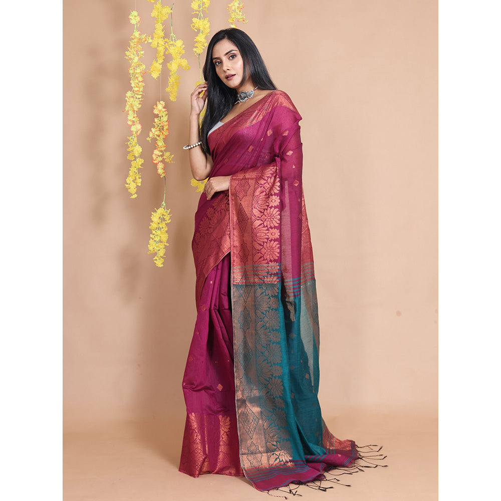 CHARUKRITI Magenta Cotton Blend Handwoven Zari Motifs & Floral Borders Saree with Unstitched Blouse