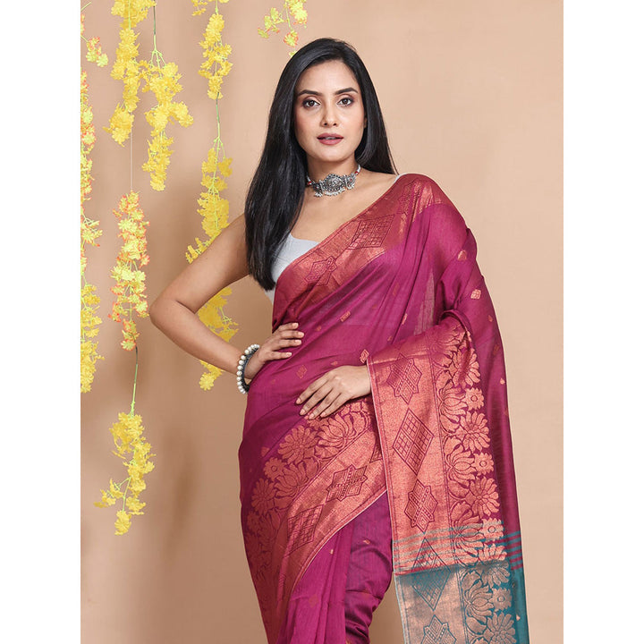 CHARUKRITI Magenta Cotton Blend Handwoven Zari Motifs & Floral Borders Saree with Unstitched Blouse