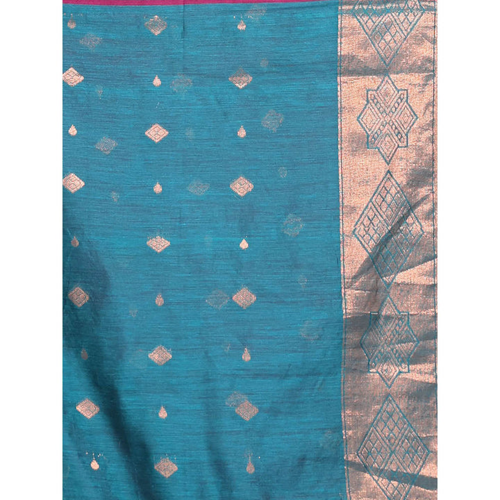 CHARUKRITI Magenta Cotton Blend Handwoven Zari Motifs & Floral Borders Saree with Unstitched Blouse