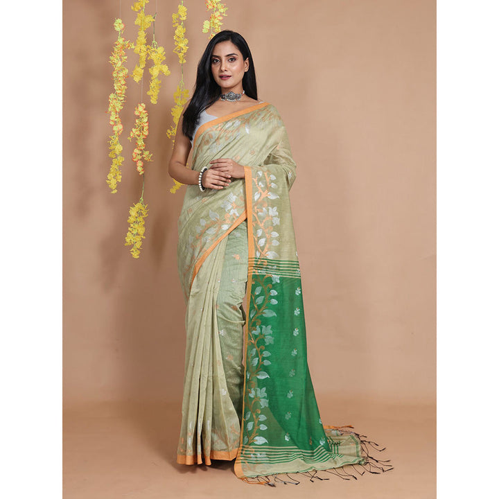 CHARUKRITI Pistachio Green Cotton Zari & Floral Borders Handwoven Saree with Unstitched Blouse