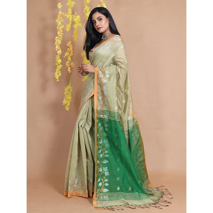 CHARUKRITI Pistachio Green Cotton Zari & Floral Borders Handwoven Saree with Unstitched Blouse