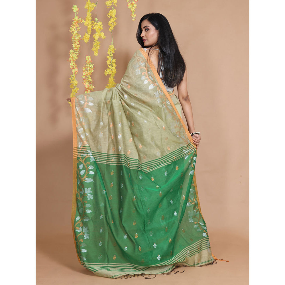 CHARUKRITI Pistachio Green Cotton Zari & Floral Borders Handwoven Saree with Unstitched Blouse