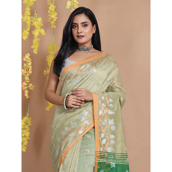 CHARUKRITI Pistachio Green Cotton Zari & Floral Borders Handwoven Saree with Unstitched Blouse