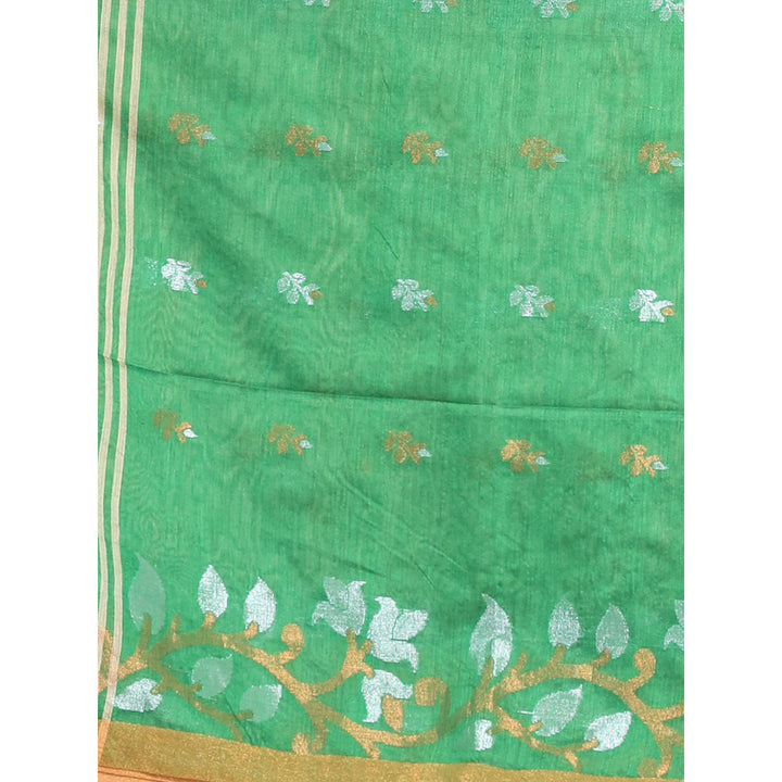 CHARUKRITI Pistachio Green Cotton Zari & Floral Borders Handwoven Saree with Unstitched Blouse