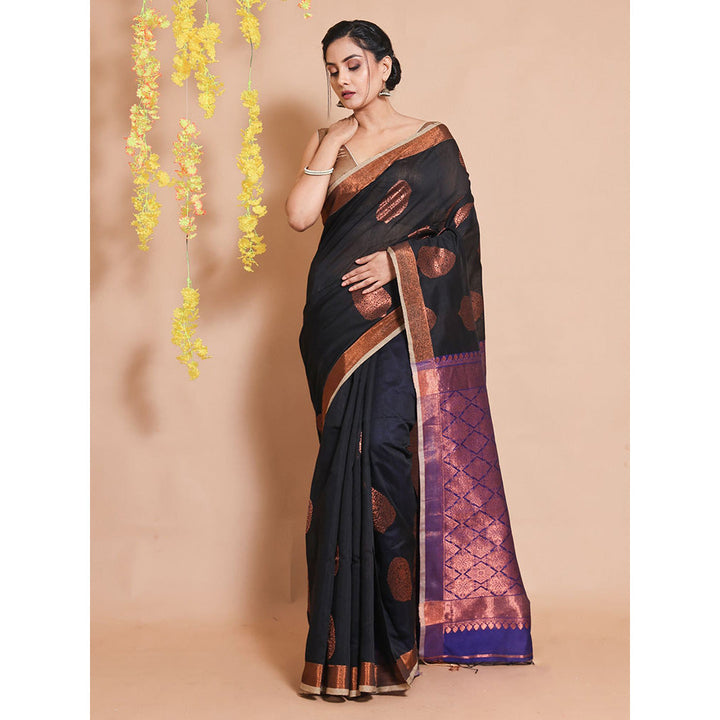 CHARUKRITI Black Blended Cotton Handwoven Zari Woven Motifs & Designs Saree with Unstitched Blouse