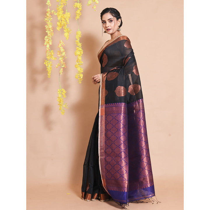 CHARUKRITI Black Blended Cotton Handwoven Zari Woven Motifs & Designs Saree with Unstitched Blouse