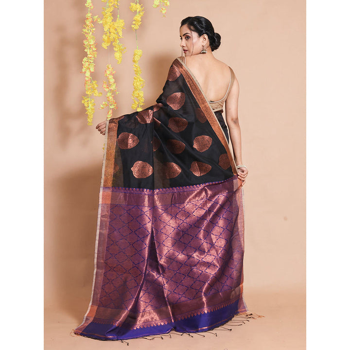 CHARUKRITI Black Blended Cotton Handwoven Zari Woven Motifs & Designs Saree with Unstitched Blouse