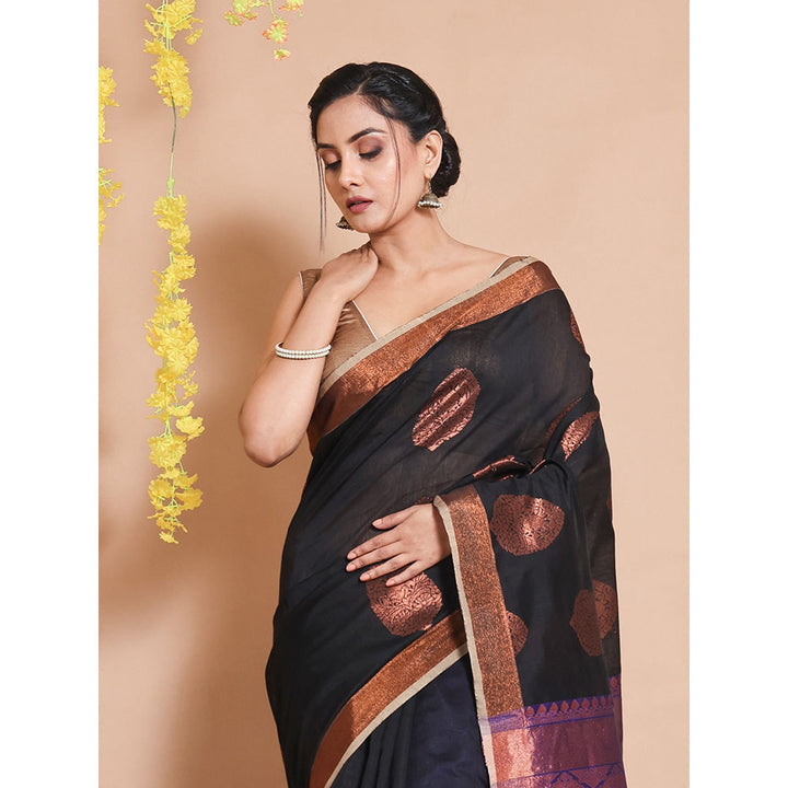 CHARUKRITI Black Blended Cotton Handwoven Zari Woven Motifs & Designs Saree with Unstitched Blouse