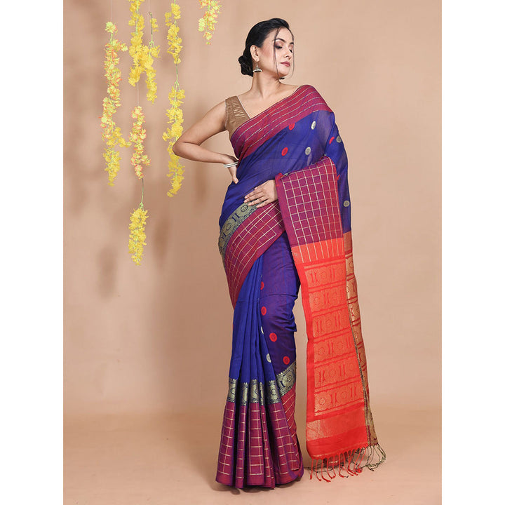 CHARUKRITI Royal Blue Cotton Geometric & Ethnic Designs Handwoven Saree with Unstitched Blouse