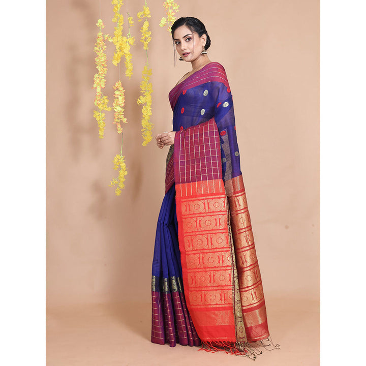 CHARUKRITI Royal Blue Cotton Geometric & Ethnic Designs Handwoven Saree with Unstitched Blouse