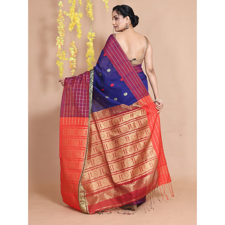 CHARUKRITI Royal Blue Cotton Geometric & Ethnic Designs Handwoven Saree with Unstitched Blouse