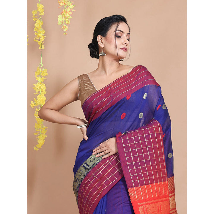 CHARUKRITI Royal Blue Cotton Geometric & Ethnic Designs Handwoven Saree with Unstitched Blouse