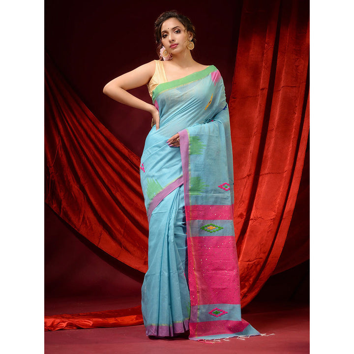 CHARUKRITI Arctic Blue Cotton Silk Ethnic Motifs and Sequin Pallu Saree with Unstitched Blouse