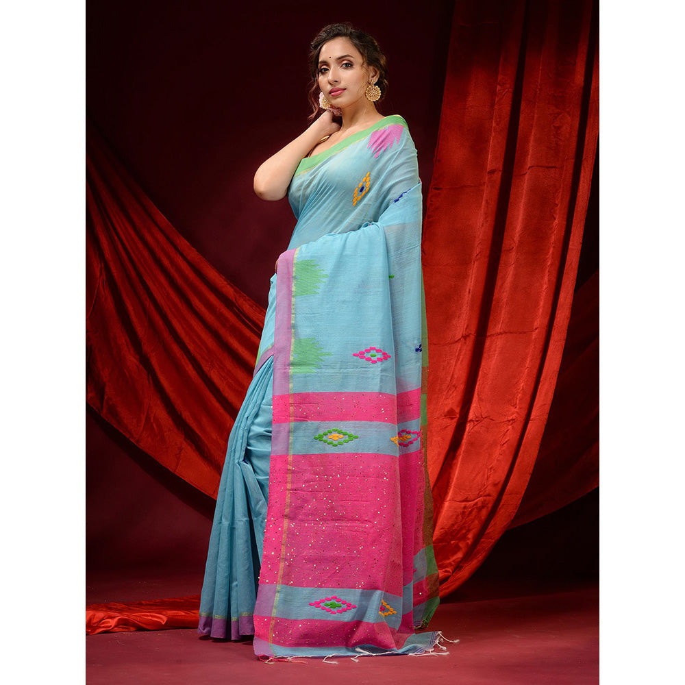 CHARUKRITI Arctic Blue Cotton Silk Ethnic Motifs and Sequin Pallu Saree with Unstitched Blouse