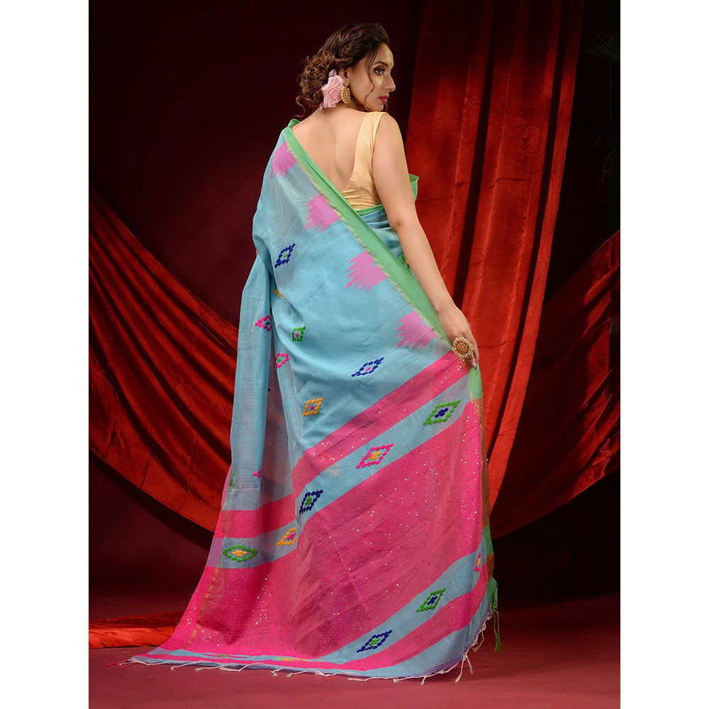 CHARUKRITI Arctic Blue Cotton Silk Ethnic Motifs and Sequin Pallu Saree with Unstitched Blouse