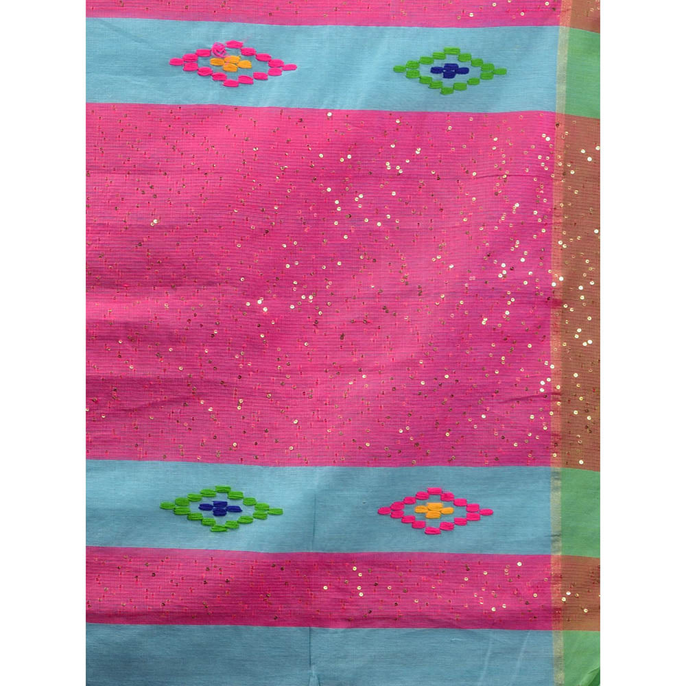 CHARUKRITI Arctic Blue Cotton Silk Ethnic Motifs and Sequin Pallu Saree with Unstitched Blouse