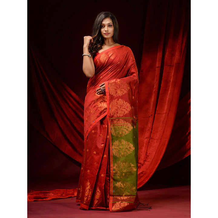 CHARUKRITI Brick Red Blended Cotton Woven Buttas and Floral Borders Saree with Unstitched Blouse