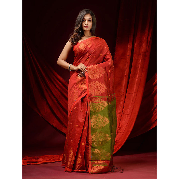 CHARUKRITI Brick Red Blended Cotton Woven Buttas and Floral Borders Saree with Unstitched Blouse