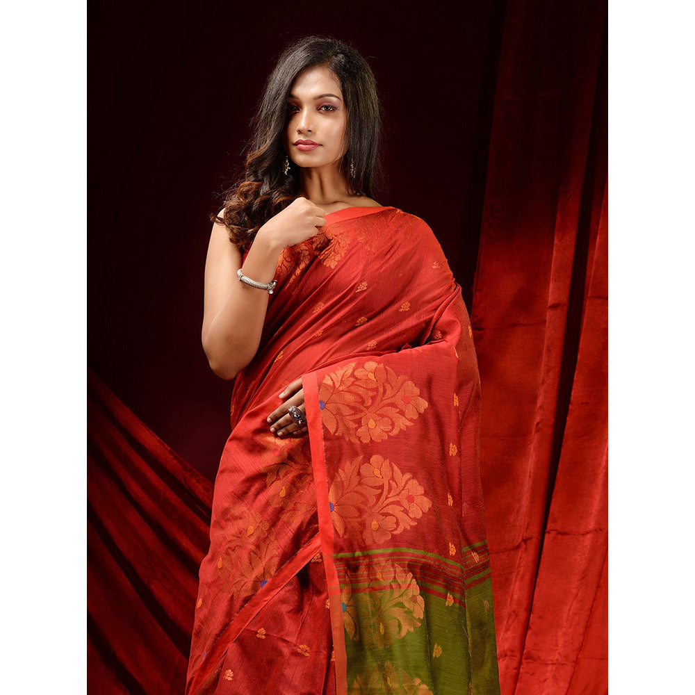 CHARUKRITI Brick Red Blended Cotton Woven Buttas and Floral Borders Saree with Unstitched Blouse