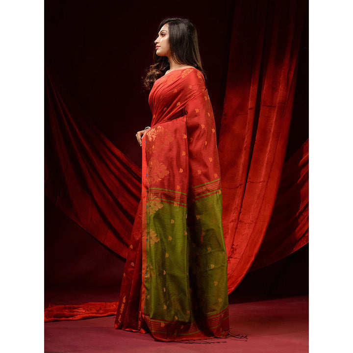 CHARUKRITI Brick Red Blended Cotton Woven Buttas and Floral Borders Saree with Unstitched Blouse