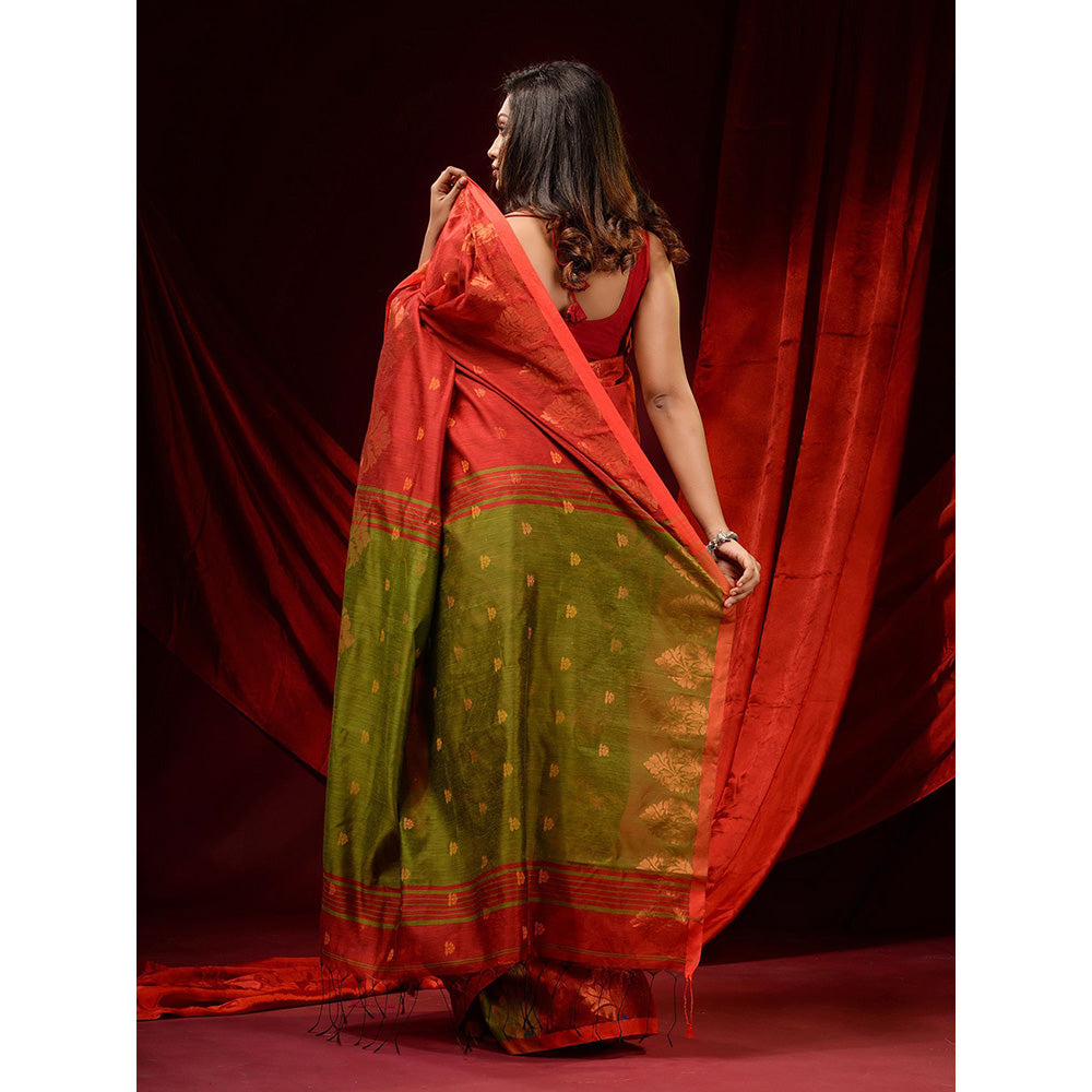 CHARUKRITI Brick Red Blended Cotton Woven Buttas and Floral Borders Saree with Unstitched Blouse