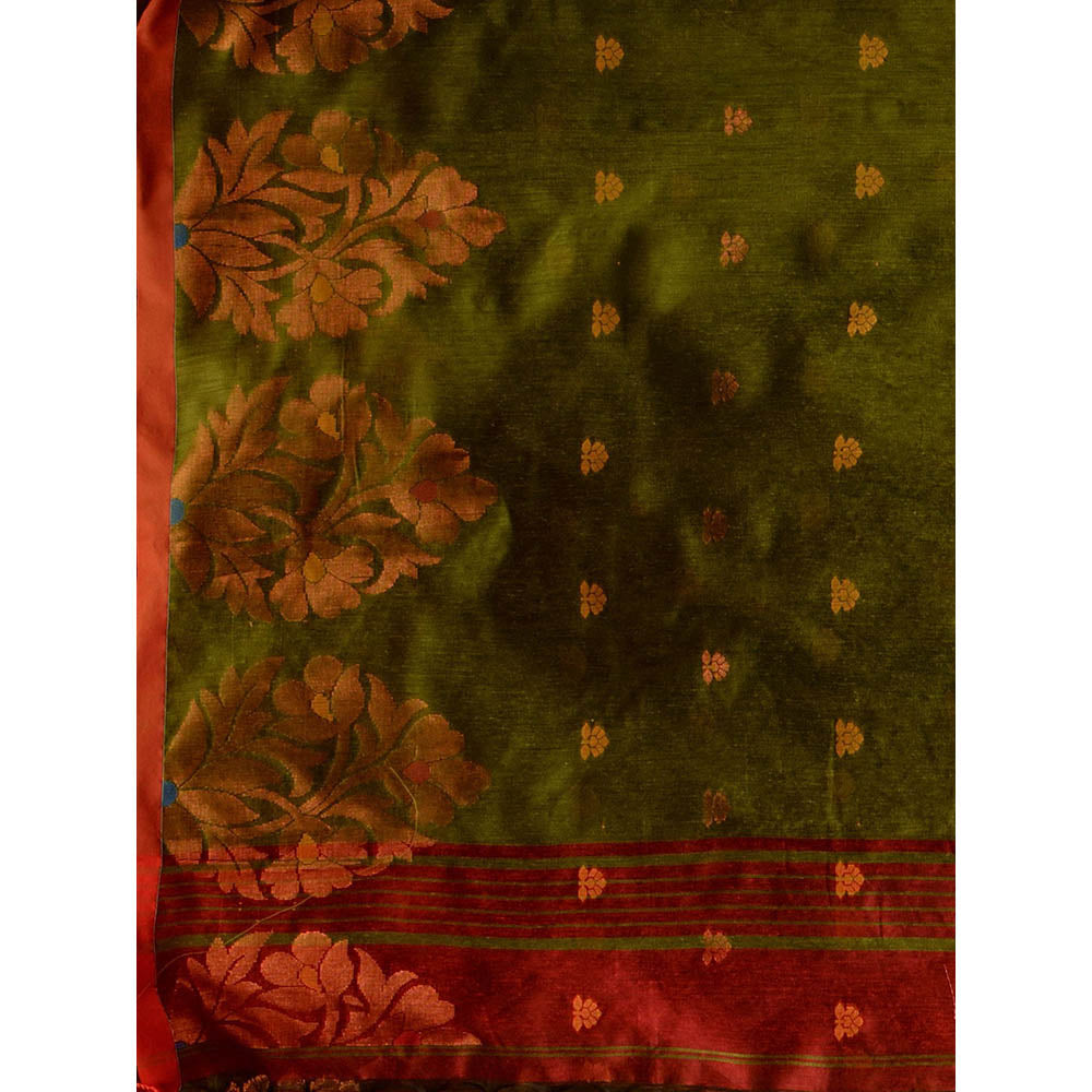 CHARUKRITI Brick Red Blended Cotton Woven Buttas and Floral Borders Saree with Unstitched Blouse